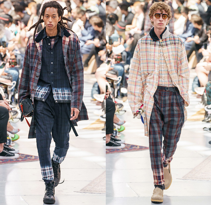 Sacai by Chitose Abe 2020 Spring Summer Mens Runway Looks Collection Paris Fashion Week Homme France FHCM - Raw Dry Selvedge Denim Jeans Deconstructed Combo Hybrid Split Tropical Palm Coconut Trees Onesie Caftan Shirtdress Romper Combishorts Knit Sweater Cardigan Plaid Check Coat Gradient Floppy Hat Suit Blazer Strap Animal Stripes Zebra Zippered Pants Shorts Duffel Bag Rope Basket Sandals Sunglasses