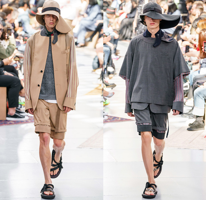 Sacai by Chitose Abe 2020 Spring Summer Mens Runway Looks Collection Paris Fashion Week Homme France FHCM - Raw Dry Selvedge Denim Jeans Deconstructed Combo Hybrid Split Tropical Palm Coconut Trees Onesie Caftan Shirtdress Romper Combishorts Knit Sweater Cardigan Plaid Check Coat Gradient Floppy Hat Suit Blazer Strap Animal Stripes Zebra Zippered Pants Shorts Duffel Bag Rope Basket Sandals Sunglasses