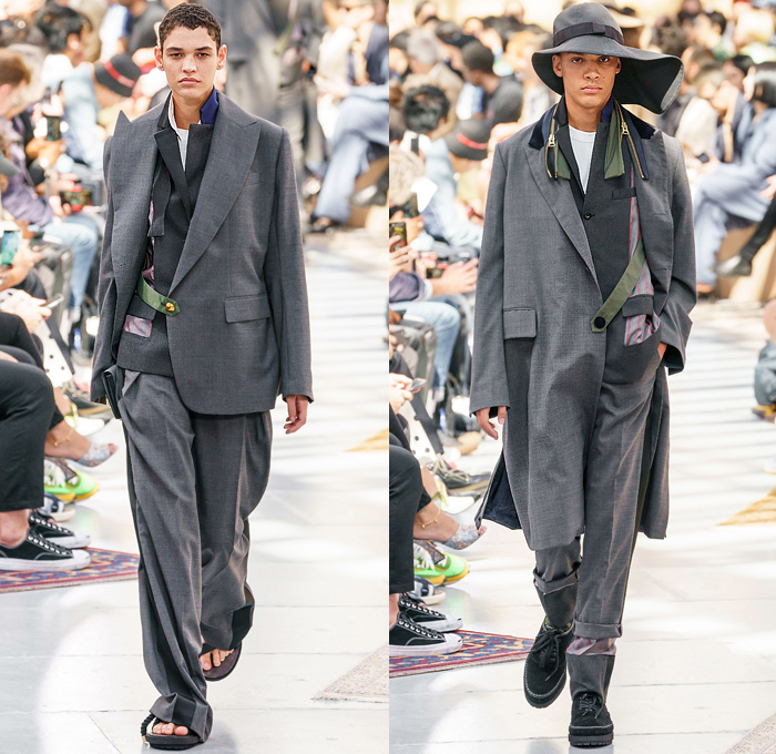 Sacai by Chitose Abe 2020 Spring Summer Mens Runway Looks Collection Paris Fashion Week Homme France FHCM - Raw Dry Selvedge Denim Jeans Deconstructed Combo Hybrid Split Tropical Palm Coconut Trees Onesie Caftan Shirtdress Romper Combishorts Knit Sweater Cardigan Plaid Check Coat Gradient Floppy Hat Suit Blazer Strap Animal Stripes Zebra Zippered Pants Shorts Duffel Bag Rope Basket Sandals Sunglasses