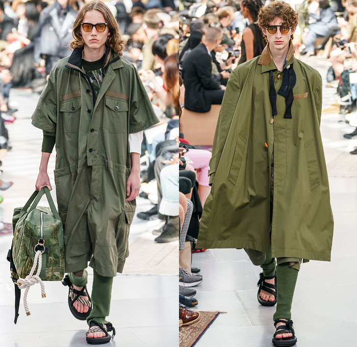 Sacai by Chitose Abe 2020 Spring Summer Mens Runway Looks Collection Paris Fashion Week Homme France FHCM - Raw Dry Selvedge Denim Jeans Deconstructed Combo Hybrid Split Tropical Palm Coconut Trees Onesie Caftan Shirtdress Romper Combishorts Knit Sweater Cardigan Plaid Check Coat Gradient Floppy Hat Suit Blazer Strap Animal Stripes Zebra Zippered Pants Shorts Duffel Bag Rope Basket Sandals Sunglasses