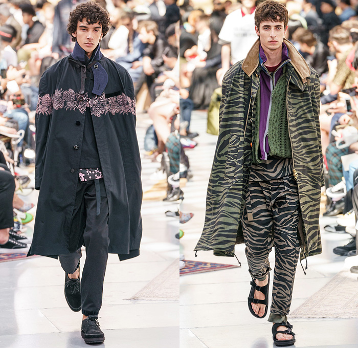 Sacai by Chitose Abe 2020 Spring Summer Mens Runway Looks Collection Paris Fashion Week Homme France FHCM - Raw Dry Selvedge Denim Jeans Deconstructed Combo Hybrid Split Tropical Palm Coconut Trees Onesie Caftan Shirtdress Romper Combishorts Knit Sweater Cardigan Plaid Check Coat Gradient Floppy Hat Suit Blazer Strap Animal Stripes Zebra Zippered Pants Shorts Duffel Bag Rope Basket Sandals Sunglasses