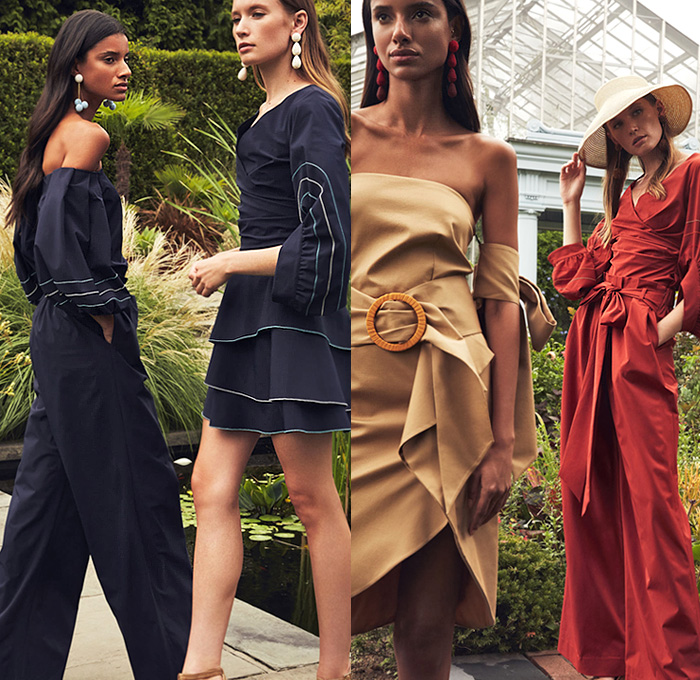 Sachin + Babi 2020 Spring Summer Womens Lookbook Presentation - Flowers Floral Embroidery Poufy Puff Bell Sleeves Geometric Print Cutout Open Shoulders V-Neck Lace Bow Peplum Belt Shirtdress Halterdress Wrap Butterfly Wing Front Silk Satin Check Strapless Gown Eveningwear Accordion Pleats Tiered Skirt Wide Leg Palazzo Pants Paper Bag Waist Shorts Tie Up Bow Ribbon Garden Straw Hat Visor Wedge Basket Weave Bag