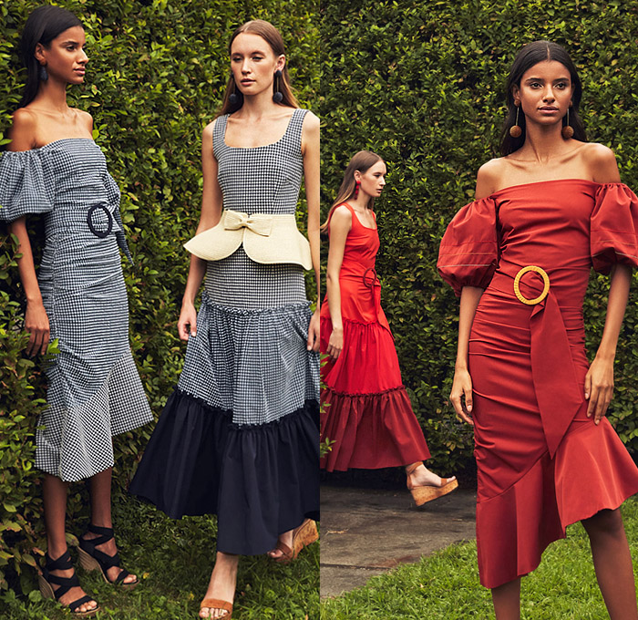 Sachin + Babi 2020 Spring Summer Womens Lookbook Presentation - Flowers Floral Embroidery Poufy Puff Bell Sleeves Geometric Print Cutout Open Shoulders V-Neck Lace Bow Peplum Belt Shirtdress Halterdress Wrap Butterfly Wing Front Silk Satin Check Strapless Gown Eveningwear Accordion Pleats Tiered Skirt Wide Leg Palazzo Pants Paper Bag Waist Shorts Tie Up Bow Ribbon Garden Straw Hat Visor Wedge Basket Weave Bag