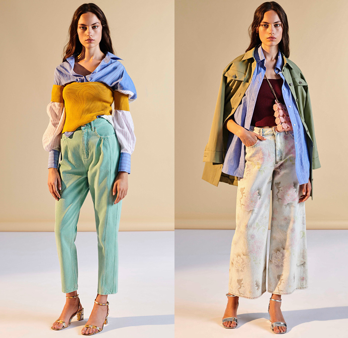 Sandro 2020 Spring Summer Womens Lookbook Presentation - Mode à Paris Fashion Week France - Bedazzled Metal Beads Gem Studs Adorned Denim Jacket Cutoffs Shorts Pellegrina Blouse Wool Check Blazer Polka Dots Tree of Life Animals Elephant Crane Print Flowers Floral Layers Knit Sweater Wide Leg Palazzo Pants Stripes Gold Foil Skirt Cap Sleeve Accordion Pleats Trench Coat Sun Dress Silk Scarf Shirtdress Ruffles Heels Boots Sandals Handbag