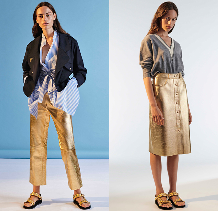 Sandro 2020 Spring Summer Womens Lookbook Presentation - Mode à Paris Fashion Week France - Bedazzled Metal Beads Gem Studs Adorned Denim Jacket Cutoffs Shorts Pellegrina Blouse Wool Check Blazer Polka Dots Tree of Life Animals Elephant Crane Print Flowers Floral Layers Knit Sweater Wide Leg Palazzo Pants Stripes Gold Foil Skirt Cap Sleeve Accordion Pleats Trench Coat Sun Dress Silk Scarf Shirtdress Ruffles Heels Boots Sandals Handbag