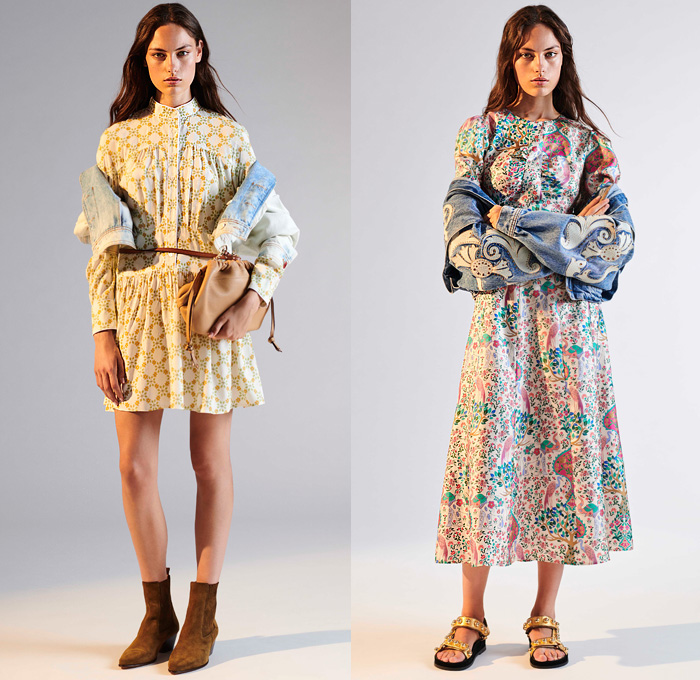 Sandro 2020 Spring Summer Womens Lookbook Presentation - Mode à Paris Fashion Week France - Bedazzled Metal Beads Gem Studs Adorned Denim Jacket Cutoffs Shorts Pellegrina Blouse Wool Check Blazer Polka Dots Tree of Life Animals Elephant Crane Print Flowers Floral Layers Knit Sweater Wide Leg Palazzo Pants Stripes Gold Foil Skirt Cap Sleeve Accordion Pleats Trench Coat Sun Dress Silk Scarf Shirtdress Ruffles Heels Boots Sandals Handbag