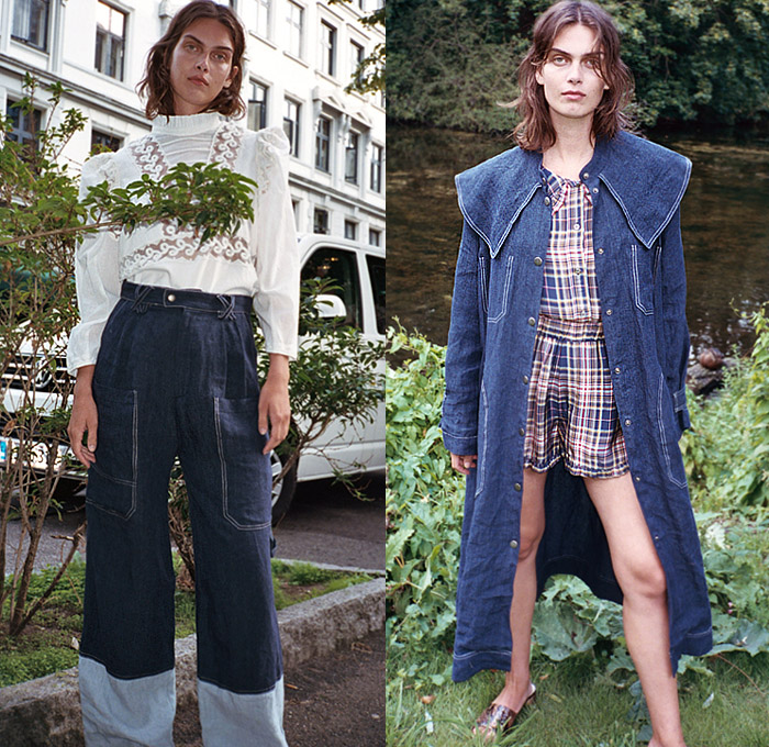 Sea New York 2020 Spring Summer Womens Lookbook Presentation - New York Fashion Week NYFW - Denim Jeans Butterfly Sleeves Tiered Ruffles Frills Fringes Onesie Jumpsuit Coveralls Prairie Farmer Dress Lace Embroidery Cutwork Needlework Perforated Crochet Weave Wide Lapel Coat Poufy Shoulders Puff Balloon Sleeves Flowers Floral Check Plaid Ombré Shorts Miniskirt White Ensemble Decorative Art Vest V-Neck Paper Bag Waist Wide Leg Cargo Pants Sandals Fanny Pack Waist Pouch Bum Bag