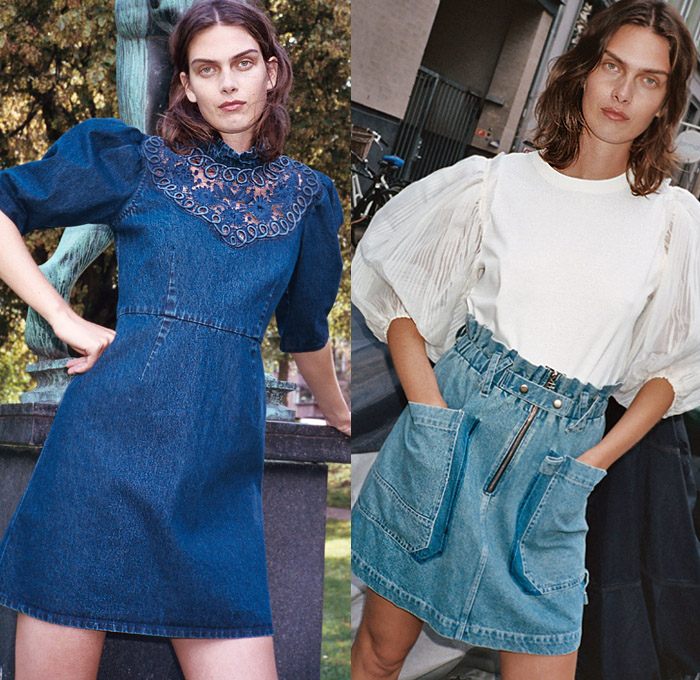 Sea New York 2020 Spring Summer Womens Lookbook Presentation - New York Fashion Week NYFW - Denim Jeans Butterfly Sleeves Tiered Ruffles Frills Fringes Onesie Jumpsuit Coveralls Prairie Farmer Dress Lace Embroidery Cutwork Needlework Perforated Crochet Weave Wide Lapel Coat Poufy Shoulders Puff Balloon Sleeves Flowers Floral Check Plaid Ombré Shorts Miniskirt White Ensemble Decorative Art Vest V-Neck Paper Bag Waist Wide Leg Cargo Pants Sandals Fanny Pack Waist Pouch Bum Bag