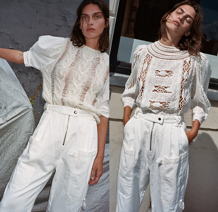 Sea New York 2020 Spring Summer Womens Lookbook Presentation - New York Fashion Week NYFW - Denim Jeans Butterfly Sleeves Tiered Ruffles Frills Fringes Onesie Jumpsuit Coveralls Prairie Farmer Dress Lace Embroidery Cutwork Needlework Perforated Crochet Weave Wide Lapel Coat Poufy Shoulders Puff Balloon Sleeves Flowers Floral Check Plaid Ombré Shorts Miniskirt White Ensemble Decorative Art Vest V-Neck Paper Bag Waist Wide Leg Cargo Pants Sandals Fanny Pack Waist Pouch Bum Bag