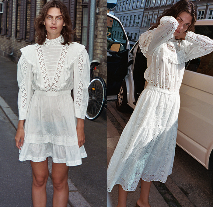 Sea New York 2020 Spring Summer Womens Lookbook Presentation - New York Fashion Week NYFW - Denim Jeans Butterfly Sleeves Tiered Ruffles Frills Fringes Onesie Jumpsuit Coveralls Prairie Farmer Dress Lace Embroidery Cutwork Needlework Perforated Crochet Weave Wide Lapel Coat Poufy Shoulders Puff Balloon Sleeves Flowers Floral Check Plaid Ombré Shorts Miniskirt White Ensemble Decorative Art Vest V-Neck Paper Bag Waist Wide Leg Cargo Pants Sandals Fanny Pack Waist Pouch Bum Bag