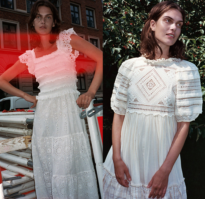 Sea New York 2020 Spring Summer Womens Lookbook Presentation - New York Fashion Week NYFW - Denim Jeans Butterfly Sleeves Tiered Ruffles Frills Fringes Onesie Jumpsuit Coveralls Prairie Farmer Dress Lace Embroidery Cutwork Needlework Perforated Crochet Weave Wide Lapel Coat Poufy Shoulders Puff Balloon Sleeves Flowers Floral Check Plaid Ombré Shorts Miniskirt White Ensemble Decorative Art Vest V-Neck Paper Bag Waist Wide Leg Cargo Pants Sandals Fanny Pack Waist Pouch Bum Bag