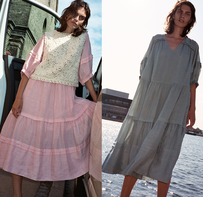 Sea New York 2020 Spring Summer Womens Lookbook Presentation - New York Fashion Week NYFW - Denim Jeans Butterfly Sleeves Tiered Ruffles Frills Fringes Onesie Jumpsuit Coveralls Prairie Farmer Dress Lace Embroidery Cutwork Needlework Perforated Crochet Weave Wide Lapel Coat Poufy Shoulders Puff Balloon Sleeves Flowers Floral Check Plaid Ombré Shorts Miniskirt White Ensemble Decorative Art Vest V-Neck Paper Bag Waist Wide Leg Cargo Pants Sandals Fanny Pack Waist Pouch Bum Bag