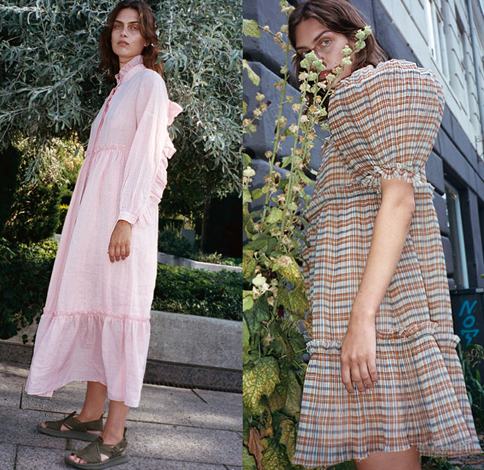 Sea New York 2020 Spring Summer Womens Lookbook Presentation - New York Fashion Week NYFW - Denim Jeans Butterfly Sleeves Tiered Ruffles Frills Fringes Onesie Jumpsuit Coveralls Prairie Farmer Dress Lace Embroidery Cutwork Needlework Perforated Crochet Weave Wide Lapel Coat Poufy Shoulders Puff Balloon Sleeves Flowers Floral Check Plaid Ombré Shorts Miniskirt White Ensemble Decorative Art Vest V-Neck Paper Bag Waist Wide Leg Cargo Pants Sandals Fanny Pack Waist Pouch Bum Bag