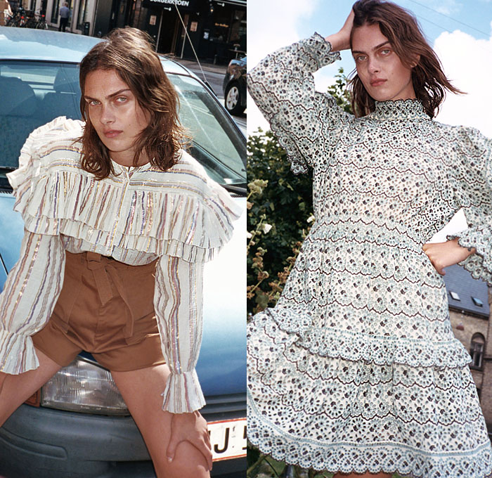 Sea New York 2020 Spring Summer Womens Lookbook Presentation - New York Fashion Week NYFW - Denim Jeans Butterfly Sleeves Tiered Ruffles Frills Fringes Onesie Jumpsuit Coveralls Prairie Farmer Dress Lace Embroidery Cutwork Needlework Perforated Crochet Weave Wide Lapel Coat Poufy Shoulders Puff Balloon Sleeves Flowers Floral Check Plaid Ombré Shorts Miniskirt White Ensemble Decorative Art Vest V-Neck Paper Bag Waist Wide Leg Cargo Pants Sandals Fanny Pack Waist Pouch Bum Bag