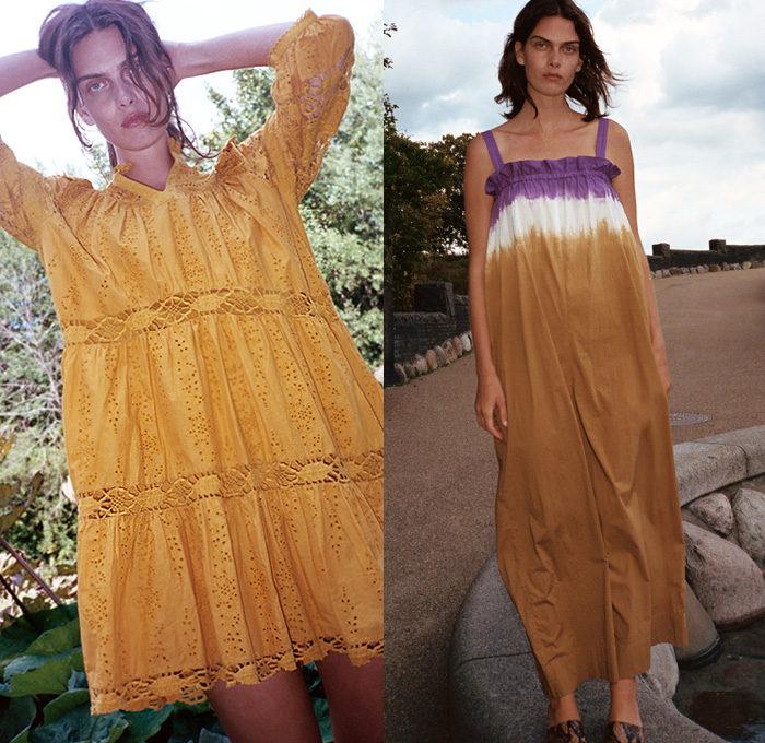 Sea New York 2020 Spring Summer Womens Lookbook Presentation - New York Fashion Week NYFW - Denim Jeans Butterfly Sleeves Tiered Ruffles Frills Fringes Onesie Jumpsuit Coveralls Prairie Farmer Dress Lace Embroidery Cutwork Needlework Perforated Crochet Weave Wide Lapel Coat Poufy Shoulders Puff Balloon Sleeves Flowers Floral Check Plaid Ombré Shorts Miniskirt White Ensemble Decorative Art Vest V-Neck Paper Bag Waist Wide Leg Cargo Pants Sandals Fanny Pack Waist Pouch Bum Bag