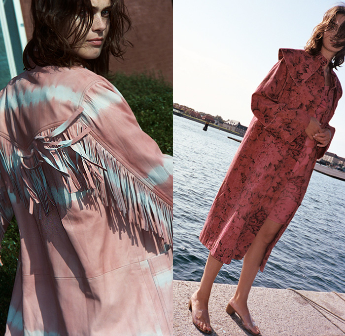Sea New York 2020 Spring Summer Womens Lookbook Presentation - New York Fashion Week NYFW - Denim Jeans Butterfly Sleeves Tiered Ruffles Frills Fringes Onesie Jumpsuit Coveralls Prairie Farmer Dress Lace Embroidery Cutwork Needlework Perforated Crochet Weave Wide Lapel Coat Poufy Shoulders Puff Balloon Sleeves Flowers Floral Check Plaid Ombré Shorts Miniskirt White Ensemble Decorative Art Vest V-Neck Paper Bag Waist Wide Leg Cargo Pants Sandals Fanny Pack Waist Pouch Bum Bag