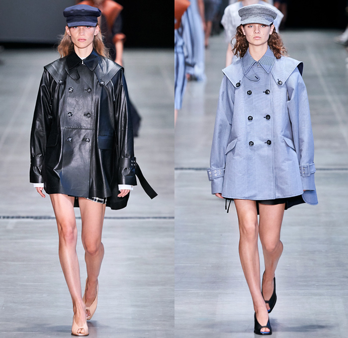 Sportmax 2020 Spring Summer Womens Runway Catwalk Looks Collection - Milano Moda Donna Collezione Milan Fashion Week Italy - Marine Sails Triangle Ropes Tied Cinch Stripes Leather Harness Angular Collar Cuffs Tailored Trench Coat Beret Cutout Waist Flowers Floral Long Sleeve Blouse Shirtdress Leg O'Mutton Sleeves Slouchy Sheer Maxi Dress Wide Leg Pants Shorts Drawstring Asymmetrical Knit Accordion Pleats Gladiator Sandals Pail Handbag