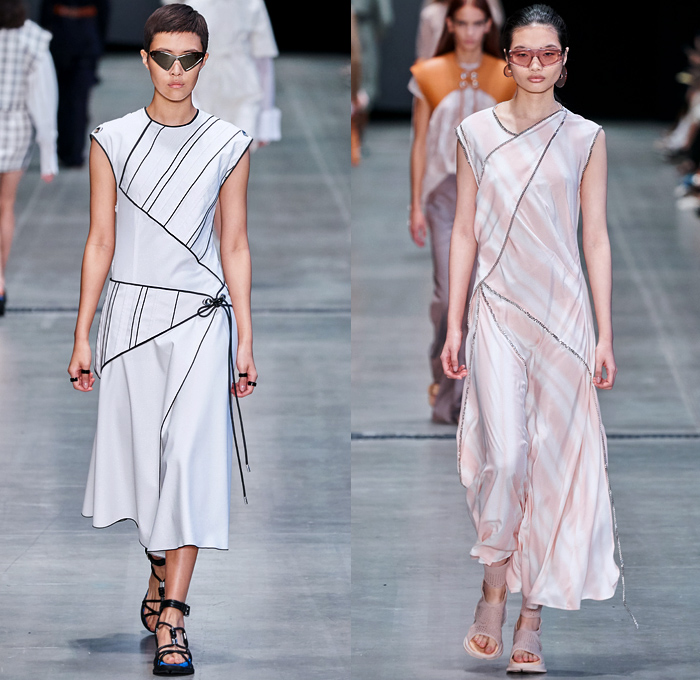 Sportmax 2020 Spring Summer Womens Runway Catwalk Looks Collection - Milano Moda Donna Collezione Milan Fashion Week Italy - Marine Sails Triangle Ropes Tied Cinch Stripes Leather Harness Angular Collar Cuffs Tailored Trench Coat Beret Cutout Waist Flowers Floral Long Sleeve Blouse Shirtdress Leg O'Mutton Sleeves Slouchy Sheer Maxi Dress Wide Leg Pants Shorts Drawstring Asymmetrical Knit Accordion Pleats Gladiator Sandals Pail Handbag