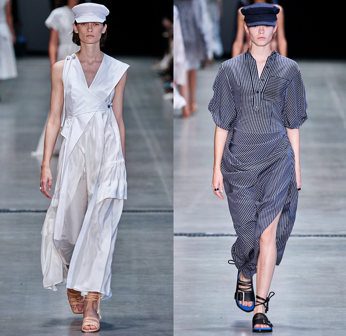 Sportmax 2020 Spring Summer Womens Runway Catwalk Looks Collection - Milano Moda Donna Collezione Milan Fashion Week Italy - Marine Sails Triangle Ropes Tied Cinch Stripes Leather Harness Angular Collar Cuffs Tailored Trench Coat Beret Cutout Waist Flowers Floral Long Sleeve Blouse Shirtdress Leg O'Mutton Sleeves Slouchy Sheer Maxi Dress Wide Leg Pants Shorts Drawstring Asymmetrical Knit Accordion Pleats Gladiator Sandals Pail Handbag