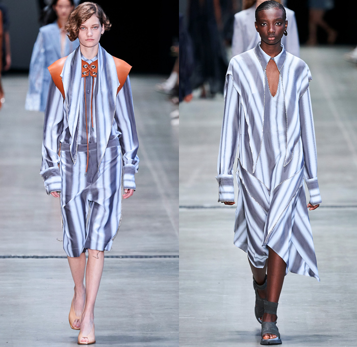 Sportmax 2020 Spring Summer Womens Runway Catwalk Looks Collection - Milano Moda Donna Collezione Milan Fashion Week Italy - Marine Sails Triangle Ropes Tied Cinch Stripes Leather Harness Angular Collar Cuffs Tailored Trench Coat Beret Cutout Waist Flowers Floral Long Sleeve Blouse Shirtdress Leg O'Mutton Sleeves Slouchy Sheer Maxi Dress Wide Leg Pants Shorts Drawstring Asymmetrical Knit Accordion Pleats Gladiator Sandals Pail Handbag