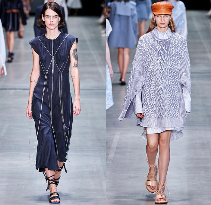 Sportmax 2020 Spring Summer Womens Runway Catwalk Looks Collection - Milano Moda Donna Collezione Milan Fashion Week Italy - Marine Sails Triangle Ropes Tied Cinch Stripes Leather Harness Angular Collar Cuffs Tailored Trench Coat Beret Cutout Waist Flowers Floral Long Sleeve Blouse Shirtdress Leg O'Mutton Sleeves Slouchy Sheer Maxi Dress Wide Leg Pants Shorts Drawstring Asymmetrical Knit Accordion Pleats Gladiator Sandals Pail Handbag