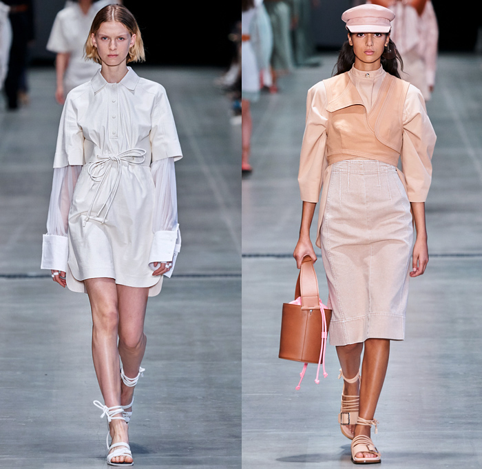 Sportmax 2020 Spring Summer Womens Runway Catwalk Looks Collection - Milano Moda Donna Collezione Milan Fashion Week Italy - Marine Sails Triangle Ropes Tied Cinch Stripes Leather Harness Angular Collar Cuffs Tailored Trench Coat Beret Cutout Waist Flowers Floral Long Sleeve Blouse Shirtdress Leg O'Mutton Sleeves Slouchy Sheer Maxi Dress Wide Leg Pants Shorts Drawstring Asymmetrical Knit Accordion Pleats Gladiator Sandals Pail Handbag