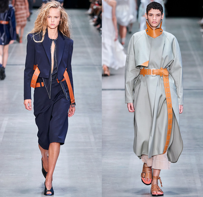 Sportmax 2020 Spring Summer Womens Runway Catwalk Looks Collection - Milano Moda Donna Collezione Milan Fashion Week Italy - Marine Sails Triangle Ropes Tied Cinch Stripes Leather Harness Angular Collar Cuffs Tailored Trench Coat Beret Cutout Waist Flowers Floral Long Sleeve Blouse Shirtdress Leg O'Mutton Sleeves Slouchy Sheer Maxi Dress Wide Leg Pants Shorts Drawstring Asymmetrical Knit Accordion Pleats Gladiator Sandals Pail Handbag