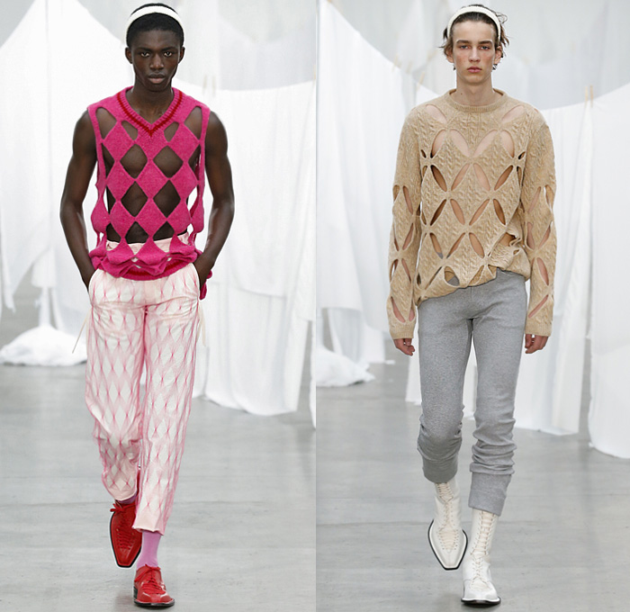 Stefan Cooke 2020 Spring Summer Mens Runway Looks Collection London Fashion Week Mens LFWM - Knit Vest Sweater Cutout Cutaway Holes Mesh Lace Up Strings Long Sleeve Shirt Blazer Check Coat Photo Print Flowers Floral Ribbon Headband Jersey Sweatpants Boots Rabbit Ears Handbag Handles