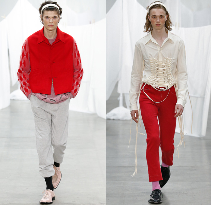 Stefan Cooke 2020 Spring Summer Mens Runway Looks Collection London Fashion Week Mens LFWM - Knit Vest Sweater Cutout Cutaway Holes Mesh Lace Up Strings Long Sleeve Shirt Blazer Check Coat Photo Print Flowers Floral Ribbon Headband Jersey Sweatpants Boots Rabbit Ears Handbag Handles