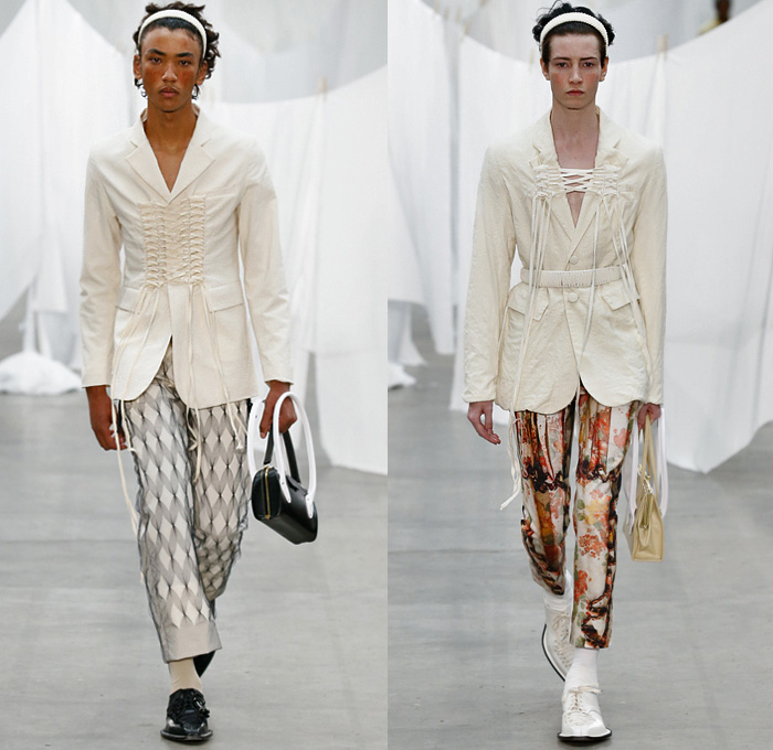 Stefan Cooke 2020 Spring Summer Mens Runway Looks Collection London Fashion Week Mens LFWM - Knit Vest Sweater Cutout Cutaway Holes Mesh Lace Up Strings Long Sleeve Shirt Blazer Check Coat Photo Print Flowers Floral Ribbon Headband Jersey Sweatpants Boots Rabbit Ears Handbag Handles