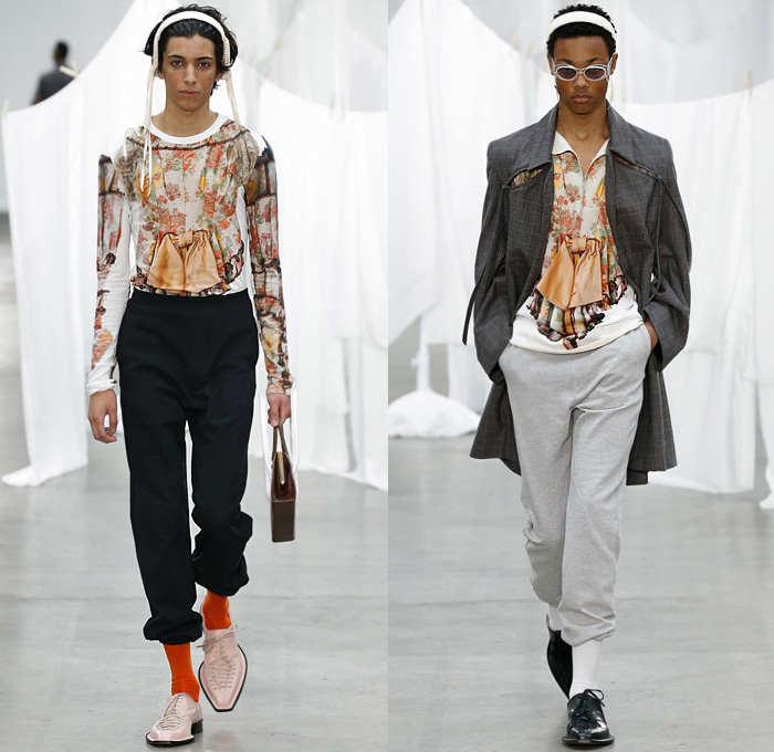 Stefan Cooke 2020 Spring Summer Mens Runway Looks Collection London Fashion Week Mens LFWM - Knit Vest Sweater Cutout Cutaway Holes Mesh Lace Up Strings Long Sleeve Shirt Blazer Check Coat Photo Print Flowers Floral Ribbon Headband Jersey Sweatpants Boots Rabbit Ears Handbag Handles