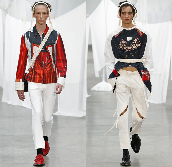 Stefan Cooke 2020 Spring Summer Mens Runway Looks Collection London Fashion Week Mens LFWM - Knit Vest Sweater Cutout Cutaway Holes Mesh Lace Up Strings Long Sleeve Shirt Blazer Check Coat Photo Print Flowers Floral Ribbon Headband Jersey Sweatpants Boots Rabbit Ears Handbag Handles