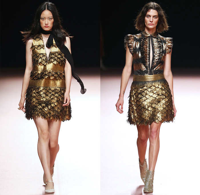 Teresa Helbig 2020 Spring Summer Womens Runway Catwalk Looks Collection - Mercedes-Benz Fashion Week Madrid Spain - 1960s Sixties 1970s Seventies Art Deco Gold Metallic Lurex Armor Scales Fringes Bib Ruffles Blouse Shirtdress Knit Crochet Mesh Raffia Basketweave Diamond Handcrafted Decorative Embroidery Pantsuit Perforated Pussycat Bow Safari Snakeskin Grommets Miniskirt Snakeskin Pleats Sheer Chiffon Tulle Tiered Dress Gown Wide Leg Pants Shorts Purse Bedazzled Boots Headwear