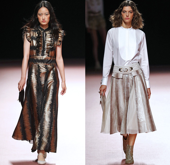 Teresa Helbig 2020 Spring Summer Womens Runway Catwalk Looks Collection - Mercedes-Benz Fashion Week Madrid Spain - 1960s Sixties 1970s Seventies Art Deco Gold Metallic Lurex Armor Scales Fringes Bib Ruffles Blouse Shirtdress Knit Crochet Mesh Raffia Basketweave Diamond Handcrafted Decorative Embroidery Pantsuit Perforated Pussycat Bow Safari Snakeskin Grommets Miniskirt Snakeskin Pleats Sheer Chiffon Tulle Tiered Dress Gown Wide Leg Pants Shorts Purse Bedazzled Boots Headwear