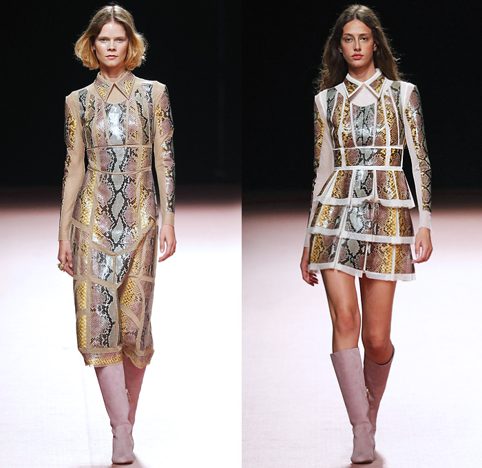 Teresa Helbig 2020 Spring Summer Womens Runway Catwalk Looks Collection - Mercedes-Benz Fashion Week Madrid Spain - 1960s Sixties 1970s Seventies Art Deco Gold Metallic Lurex Armor Scales Fringes Bib Ruffles Blouse Shirtdress Knit Crochet Mesh Raffia Basketweave Diamond Handcrafted Decorative Embroidery Pantsuit Perforated Pussycat Bow Safari Snakeskin Grommets Miniskirt Snakeskin Pleats Sheer Chiffon Tulle Tiered Dress Gown Wide Leg Pants Shorts Purse Bedazzled Boots Headwear