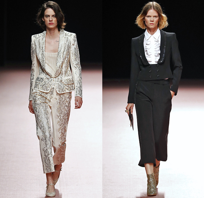 Teresa Helbig 2020 Spring Summer Womens Runway Catwalk Looks Collection - Mercedes-Benz Fashion Week Madrid Spain - 1960s Sixties 1970s Seventies Art Deco Gold Metallic Lurex Armor Scales Fringes Bib Ruffles Blouse Shirtdress Knit Crochet Mesh Raffia Basketweave Diamond Handcrafted Decorative Embroidery Pantsuit Perforated Pussycat Bow Safari Snakeskin Grommets Miniskirt Snakeskin Pleats Sheer Chiffon Tulle Tiered Dress Gown Wide Leg Pants Shorts Purse Bedazzled Boots Headwear