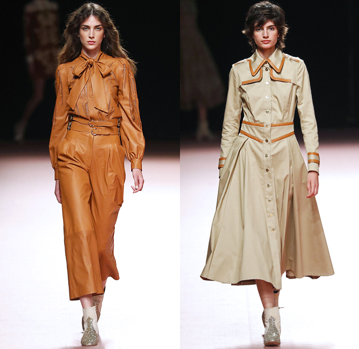 Teresa Helbig 2020 Spring Summer Womens Runway Catwalk Looks Collection - Mercedes-Benz Fashion Week Madrid Spain - 1960s Sixties 1970s Seventies Art Deco Gold Metallic Lurex Armor Scales Fringes Bib Ruffles Blouse Shirtdress Knit Crochet Mesh Raffia Basketweave Diamond Handcrafted Decorative Embroidery Pantsuit Perforated Pussycat Bow Safari Snakeskin Grommets Miniskirt Snakeskin Pleats Sheer Chiffon Tulle Tiered Dress Gown Wide Leg Pants Shorts Purse Bedazzled Boots Headwear