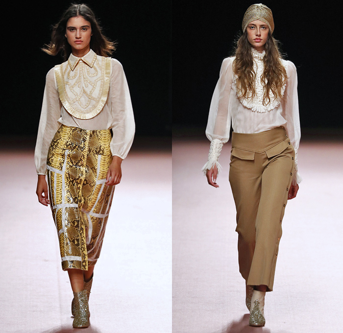 Teresa Helbig 2020 Spring Summer Womens Runway Catwalk Looks Collection - Mercedes-Benz Fashion Week Madrid Spain - 1960s Sixties 1970s Seventies Art Deco Gold Metallic Lurex Armor Scales Fringes Bib Ruffles Blouse Shirtdress Knit Crochet Mesh Raffia Basketweave Diamond Handcrafted Decorative Embroidery Pantsuit Perforated Pussycat Bow Safari Snakeskin Grommets Miniskirt Snakeskin Pleats Sheer Chiffon Tulle Tiered Dress Gown Wide Leg Pants Shorts Purse Bedazzled Boots Headwear