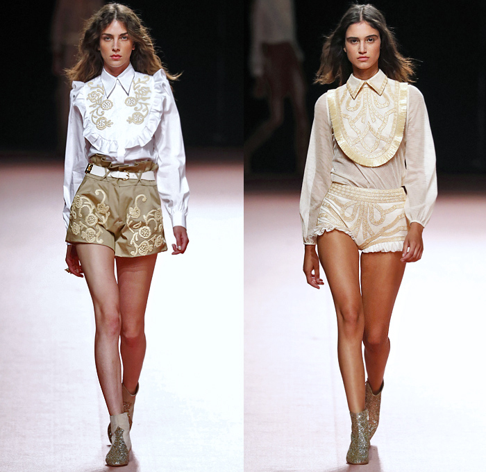 Teresa Helbig 2020 Spring Summer Womens Runway Catwalk Looks Collection - Mercedes-Benz Fashion Week Madrid Spain - 1960s Sixties 1970s Seventies Art Deco Gold Metallic Lurex Armor Scales Fringes Bib Ruffles Blouse Shirtdress Knit Crochet Mesh Raffia Basketweave Diamond Handcrafted Decorative Embroidery Pantsuit Perforated Pussycat Bow Safari Snakeskin Grommets Miniskirt Snakeskin Pleats Sheer Chiffon Tulle Tiered Dress Gown Wide Leg Pants Shorts Purse Bedazzled Boots Headwear