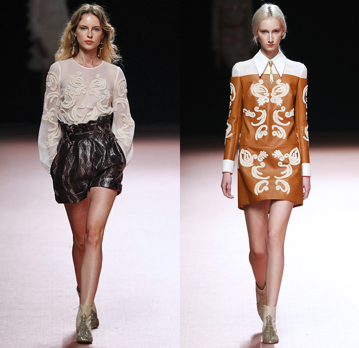 Teresa Helbig 2020 Spring Summer Womens Runway Catwalk Looks Collection - Mercedes-Benz Fashion Week Madrid Spain - 1960s Sixties 1970s Seventies Art Deco Gold Metallic Lurex Armor Scales Fringes Bib Ruffles Blouse Shirtdress Knit Crochet Mesh Raffia Basketweave Diamond Handcrafted Decorative Embroidery Pantsuit Perforated Pussycat Bow Safari Snakeskin Grommets Miniskirt Snakeskin Pleats Sheer Chiffon Tulle Tiered Dress Gown Wide Leg Pants Shorts Purse Bedazzled Boots Headwear