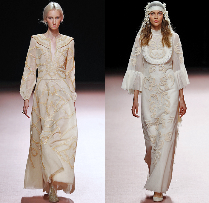 Teresa Helbig 2020 Spring Summer Womens Runway Catwalk Looks Collection - Mercedes-Benz Fashion Week Madrid Spain - 1960s Sixties 1970s Seventies Art Deco Gold Metallic Lurex Armor Scales Fringes Bib Ruffles Blouse Shirtdress Knit Crochet Mesh Raffia Basketweave Diamond Handcrafted Decorative Embroidery Pantsuit Perforated Pussycat Bow Safari Snakeskin Grommets Miniskirt Snakeskin Pleats Sheer Chiffon Tulle Tiered Dress Gown Wide Leg Pants Shorts Purse Bedazzled Boots Headwear