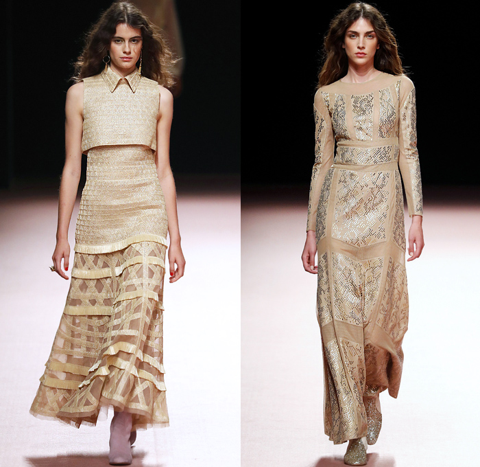 Teresa Helbig 2020 Spring Summer Womens Runway Catwalk Looks Collection - Mercedes-Benz Fashion Week Madrid Spain - 1960s Sixties 1970s Seventies Art Deco Gold Metallic Lurex Armor Scales Fringes Bib Ruffles Blouse Shirtdress Knit Crochet Mesh Raffia Basketweave Diamond Handcrafted Decorative Embroidery Pantsuit Perforated Pussycat Bow Safari Snakeskin Grommets Miniskirt Snakeskin Pleats Sheer Chiffon Tulle Tiered Dress Gown Wide Leg Pants Shorts Purse Bedazzled Boots Headwear