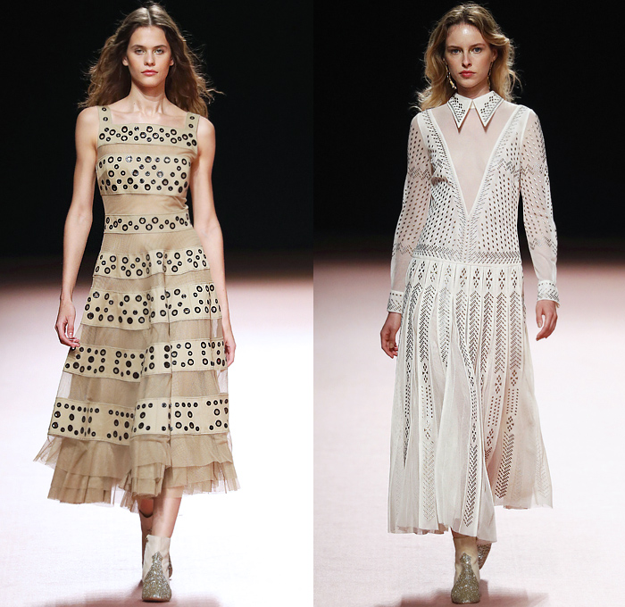 Teresa Helbig 2020 Spring Summer Womens Runway Catwalk Looks Collection - Mercedes-Benz Fashion Week Madrid Spain - 1960s Sixties 1970s Seventies Art Deco Gold Metallic Lurex Armor Scales Fringes Bib Ruffles Blouse Shirtdress Knit Crochet Mesh Raffia Basketweave Diamond Handcrafted Decorative Embroidery Pantsuit Perforated Pussycat Bow Safari Snakeskin Grommets Miniskirt Snakeskin Pleats Sheer Chiffon Tulle Tiered Dress Gown Wide Leg Pants Shorts Purse Bedazzled Boots Headwear