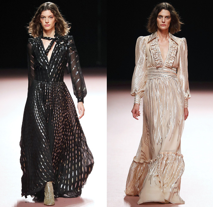 Teresa Helbig 2020 Spring Summer Womens Runway Catwalk Looks Collection - Mercedes-Benz Fashion Week Madrid Spain - 1960s Sixties 1970s Seventies Art Deco Gold Metallic Lurex Armor Scales Fringes Bib Ruffles Blouse Shirtdress Knit Crochet Mesh Raffia Basketweave Diamond Handcrafted Decorative Embroidery Pantsuit Perforated Pussycat Bow Safari Snakeskin Grommets Miniskirt Snakeskin Pleats Sheer Chiffon Tulle Tiered Dress Gown Wide Leg Pants Shorts Purse Bedazzled Boots Headwear