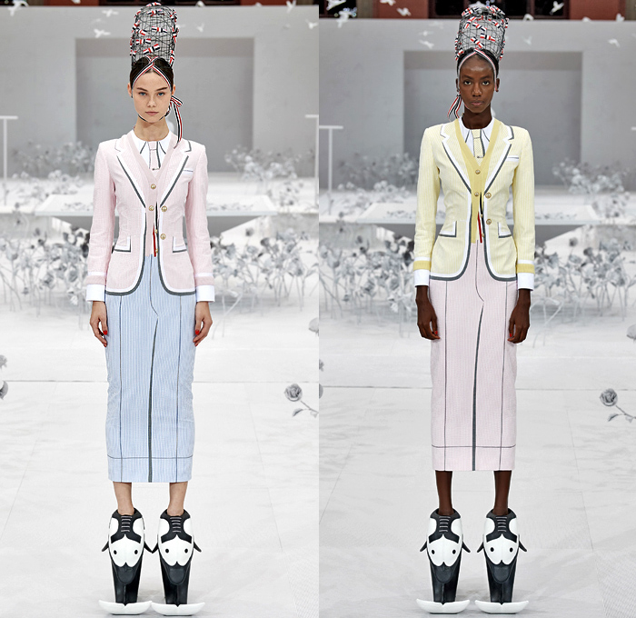 Thom Browne 2020 Spring Summer Womens Runway Catwalk Looks Collection - Mode à Paris Fashion Week France - Marie Antoinette 1980s Eighties Versailles Preppy Mesh Flowers Floral Headwear French Flag Ribbons Faux Necktie Blazer Jacket Coat Seersucker Stripes Choker Corset Patchwork Check Ship's Wheel Frayed Raw Hem Tweed Knit Weave Ruffles Peplum Crinoline Petticoat Long Pencil Skirt Hotpants Bridal Tulle Veil Wig Straw Hat Stick Flipper Dolphin Dog Handbag Brogues Lace Up Boots