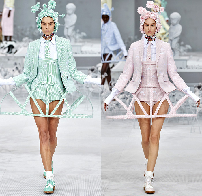 Thom Browne 2020 Spring Summer Womens Runway Catwalk Looks Collection - Mode à Paris Fashion Week France - Marie Antoinette 1980s Eighties Versailles Preppy Mesh Flowers Floral Headwear French Flag Ribbons Faux Necktie Blazer Jacket Coat Seersucker Stripes Choker Corset Patchwork Check Ship's Wheel Frayed Raw Hem Tweed Knit Weave Ruffles Peplum Crinoline Petticoat Long Pencil Skirt Hotpants Bridal Tulle Veil Wig Straw Hat Stick Flipper Dolphin Dog Handbag Brogues Lace Up Boots