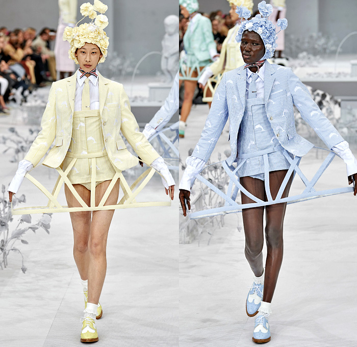 Thom Browne 2020 Spring Summer Womens Runway Catwalk Looks Collection - Mode à Paris Fashion Week France - Marie Antoinette 1980s Eighties Versailles Preppy Mesh Flowers Floral Headwear French Flag Ribbons Faux Necktie Blazer Jacket Coat Seersucker Stripes Choker Corset Patchwork Check Ship's Wheel Frayed Raw Hem Tweed Knit Weave Ruffles Peplum Crinoline Petticoat Long Pencil Skirt Hotpants Bridal Tulle Veil Wig Straw Hat Stick Flipper Dolphin Dog Handbag Brogues Lace Up Boots