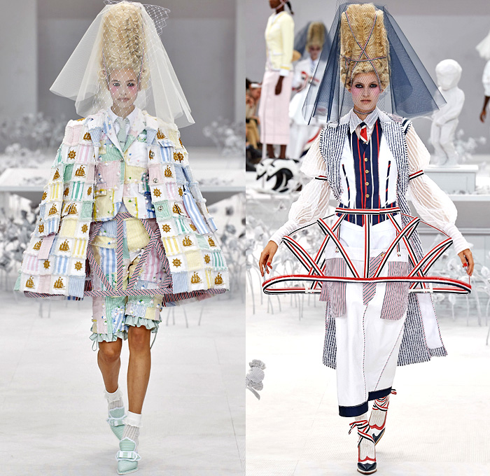 Thom Browne 2020 Spring Summer Womens Runway Catwalk Looks Collection - Mode à Paris Fashion Week France - Marie Antoinette 1980s Eighties Versailles Preppy Mesh Flowers Floral Headwear French Flag Ribbons Faux Necktie Blazer Jacket Coat Seersucker Stripes Choker Corset Patchwork Check Ship's Wheel Frayed Raw Hem Tweed Knit Weave Ruffles Peplum Crinoline Petticoat Long Pencil Skirt Hotpants Bridal Tulle Veil Wig Straw Hat Stick Flipper Dolphin Dog Handbag Brogues Lace Up Boots