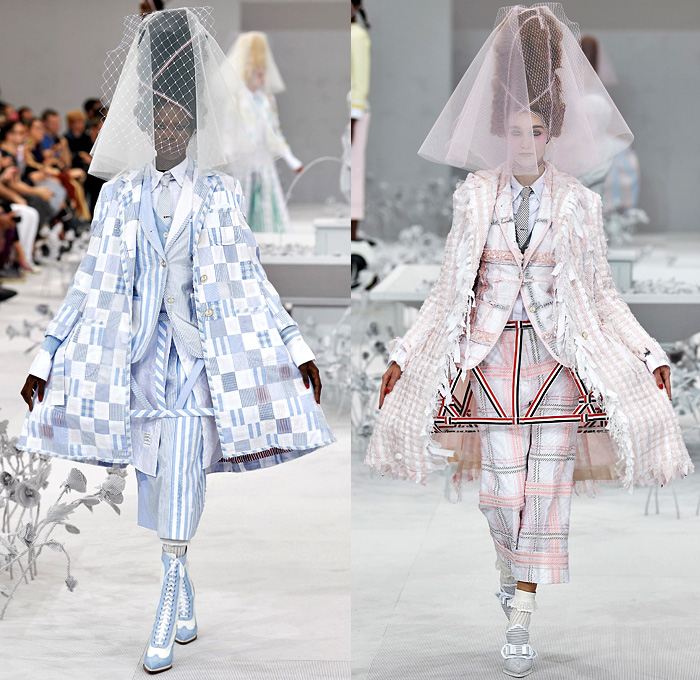 Thom Browne 2020 Spring Summer Womens Runway Catwalk Looks Collection - Mode à Paris Fashion Week France - Marie Antoinette 1980s Eighties Versailles Preppy Mesh Flowers Floral Headwear French Flag Ribbons Faux Necktie Blazer Jacket Coat Seersucker Stripes Choker Corset Patchwork Check Ship's Wheel Frayed Raw Hem Tweed Knit Weave Ruffles Peplum Crinoline Petticoat Long Pencil Skirt Hotpants Bridal Tulle Veil Wig Straw Hat Stick Flipper Dolphin Dog Handbag Brogues Lace Up Boots