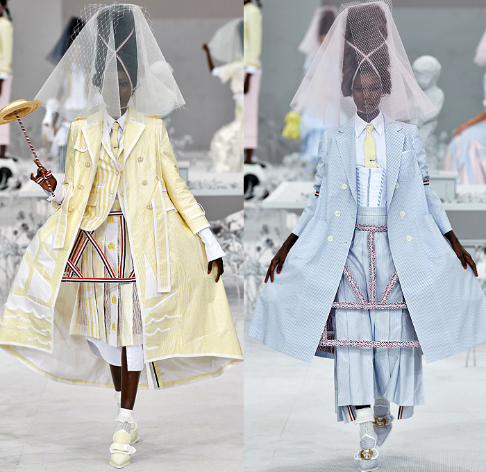 Thom Browne 2020 Spring Summer Womens Runway Catwalk Looks Collection - Mode à Paris Fashion Week France - Marie Antoinette 1980s Eighties Versailles Preppy Mesh Flowers Floral Headwear French Flag Ribbons Faux Necktie Blazer Jacket Coat Seersucker Stripes Choker Corset Patchwork Check Ship's Wheel Frayed Raw Hem Tweed Knit Weave Ruffles Peplum Crinoline Petticoat Long Pencil Skirt Hotpants Bridal Tulle Veil Wig Straw Hat Stick Flipper Dolphin Dog Handbag Brogues Lace Up Boots